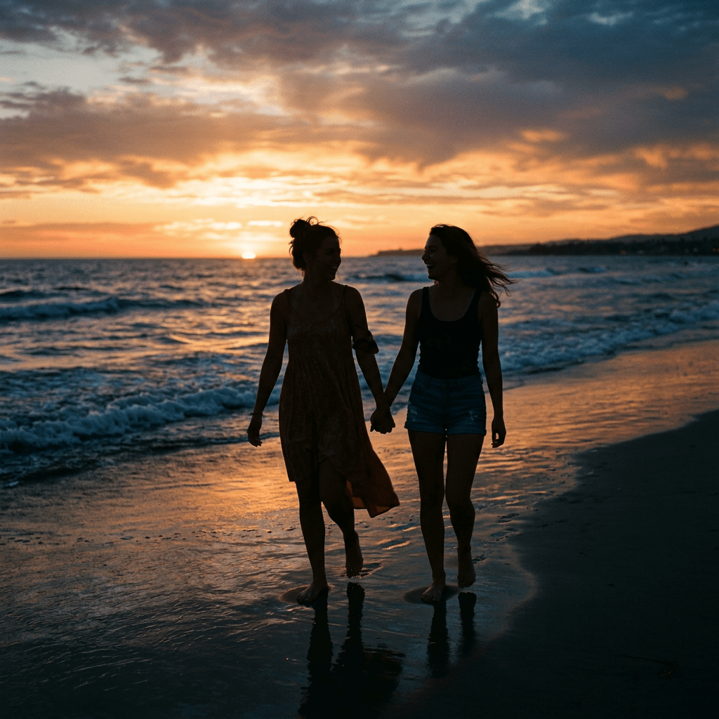 Two people holding hands walking barefoot on the beach at sunset with ocean waves and colorful sky in background